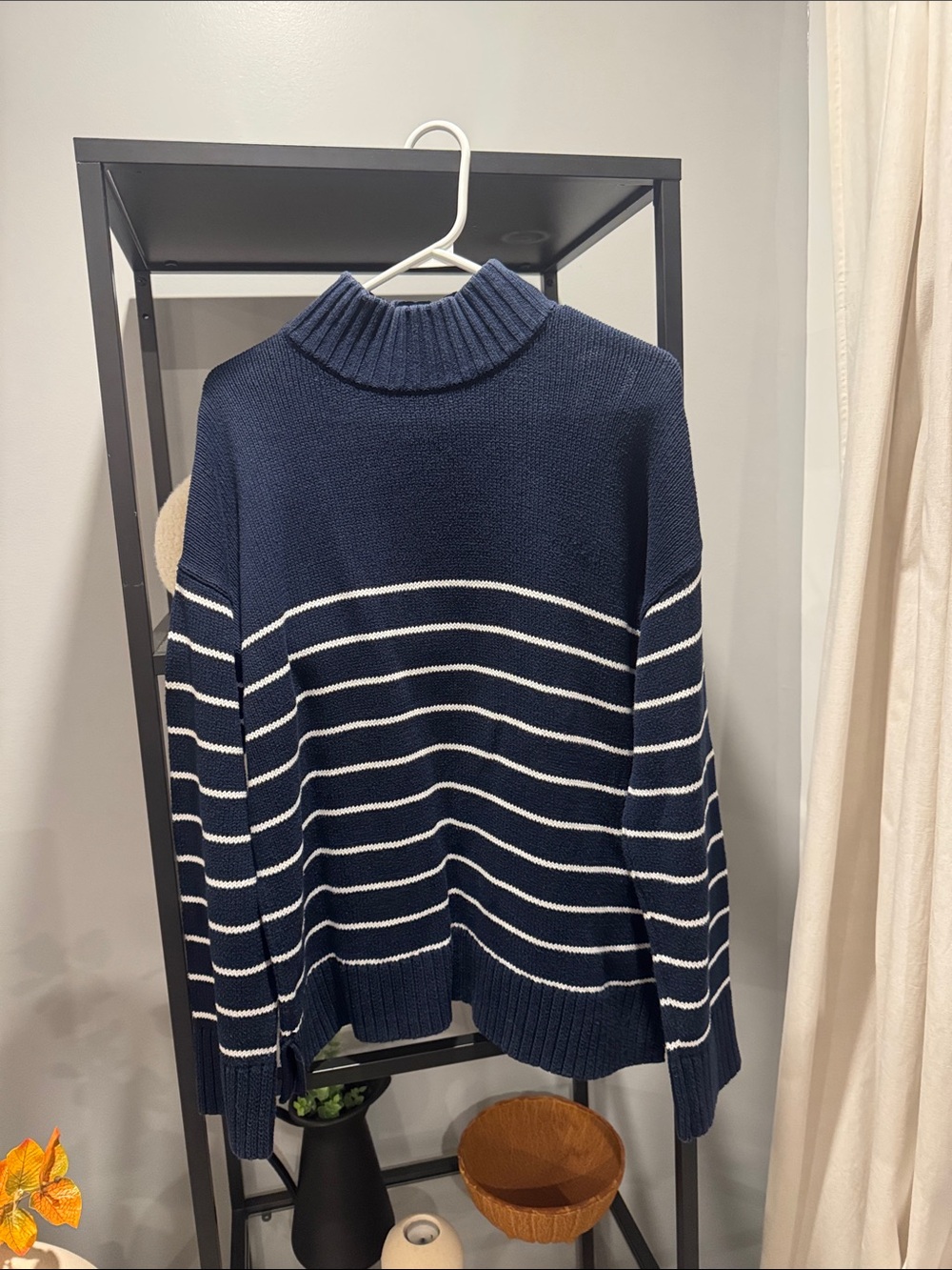 136.Women Navy and White Striped Turtleneck Sweater